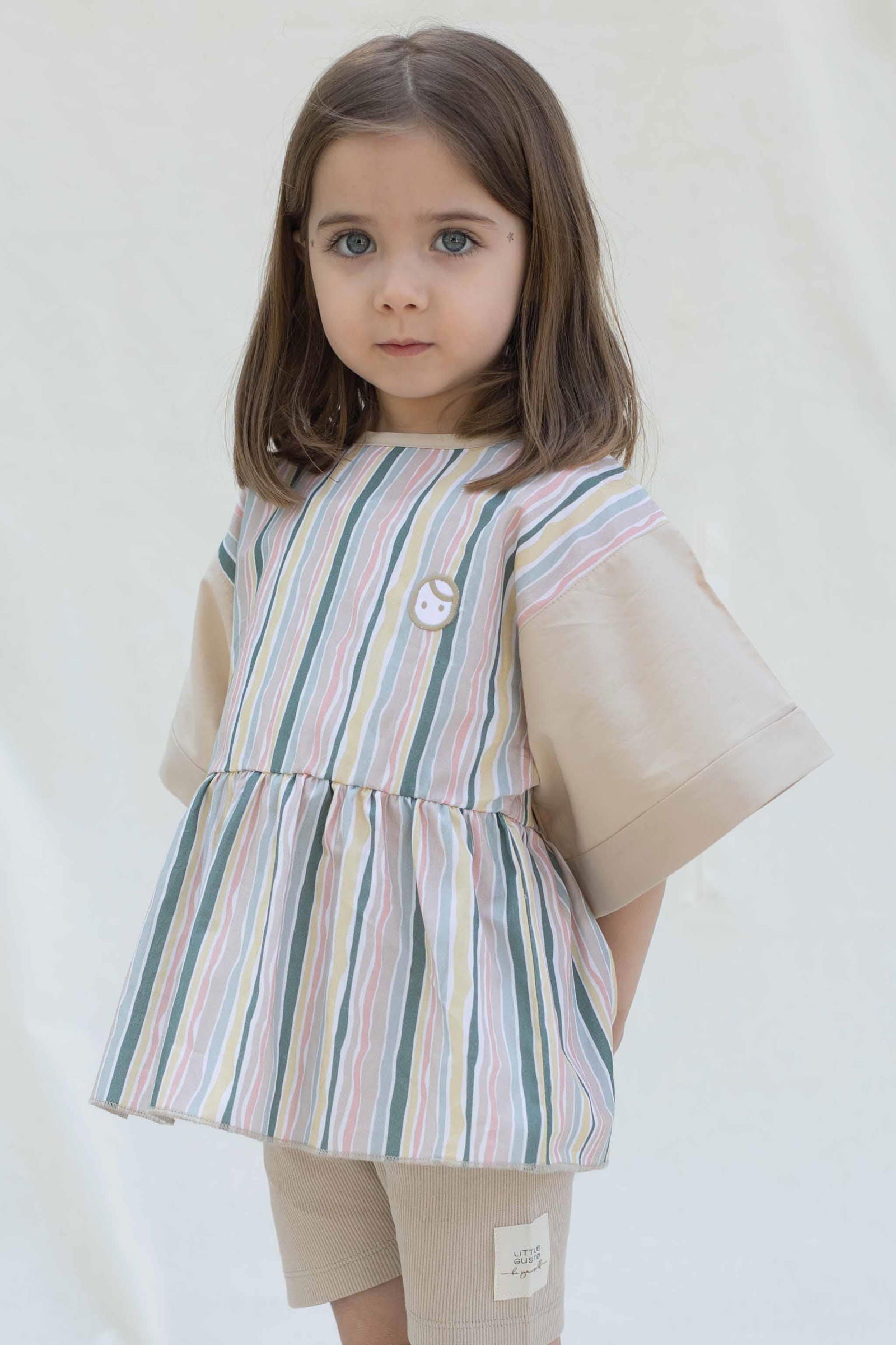 Kimono Kollu Çocuk Bluz Yeşil Çizgili Desenli Organik Pamuk - Little Gusto - Bluz