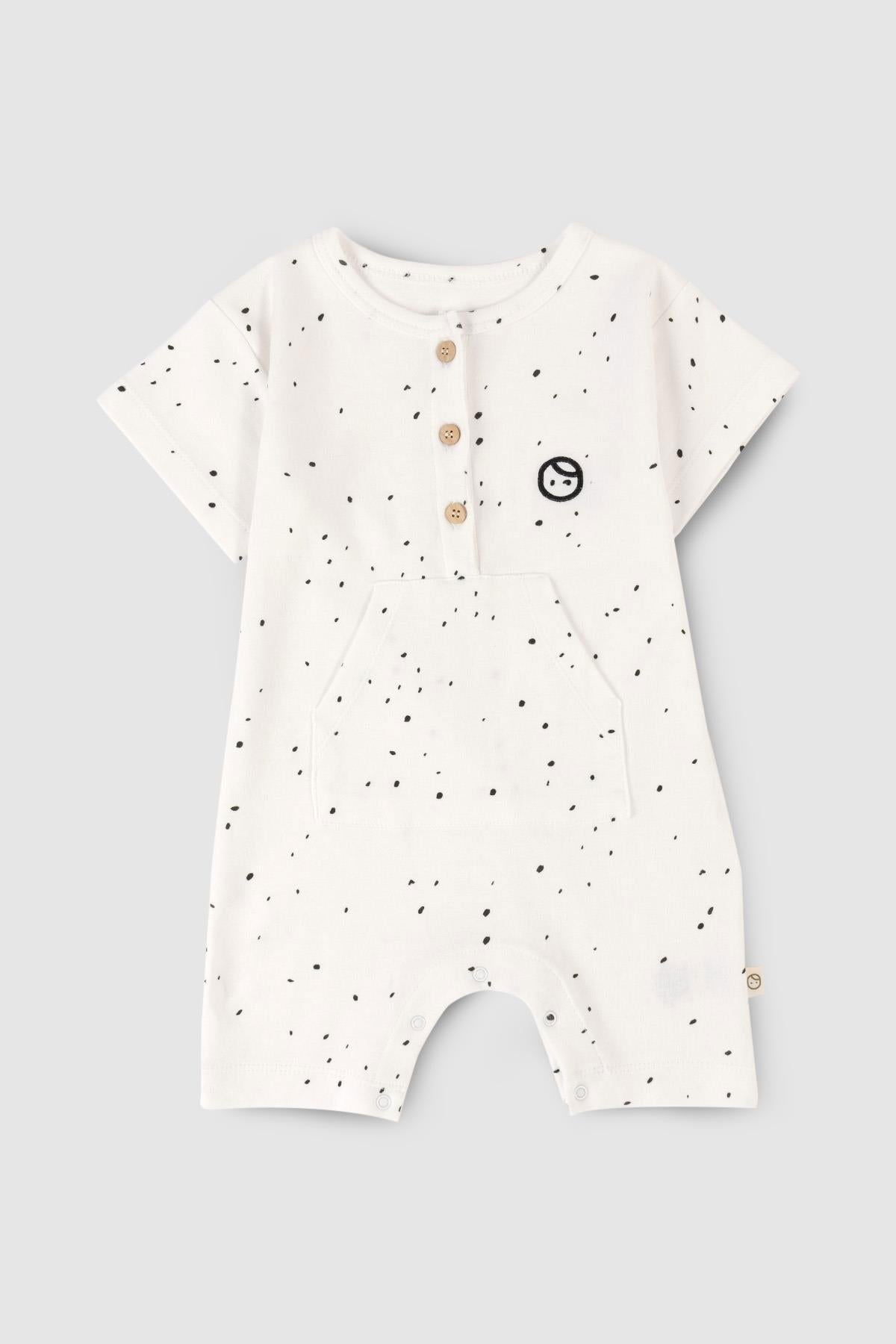 Kısa Kollu Bebek Şort Tulum Beyaz Dots Organik Pamuk - Little Gusto - Bebek Tulum ve Salopet