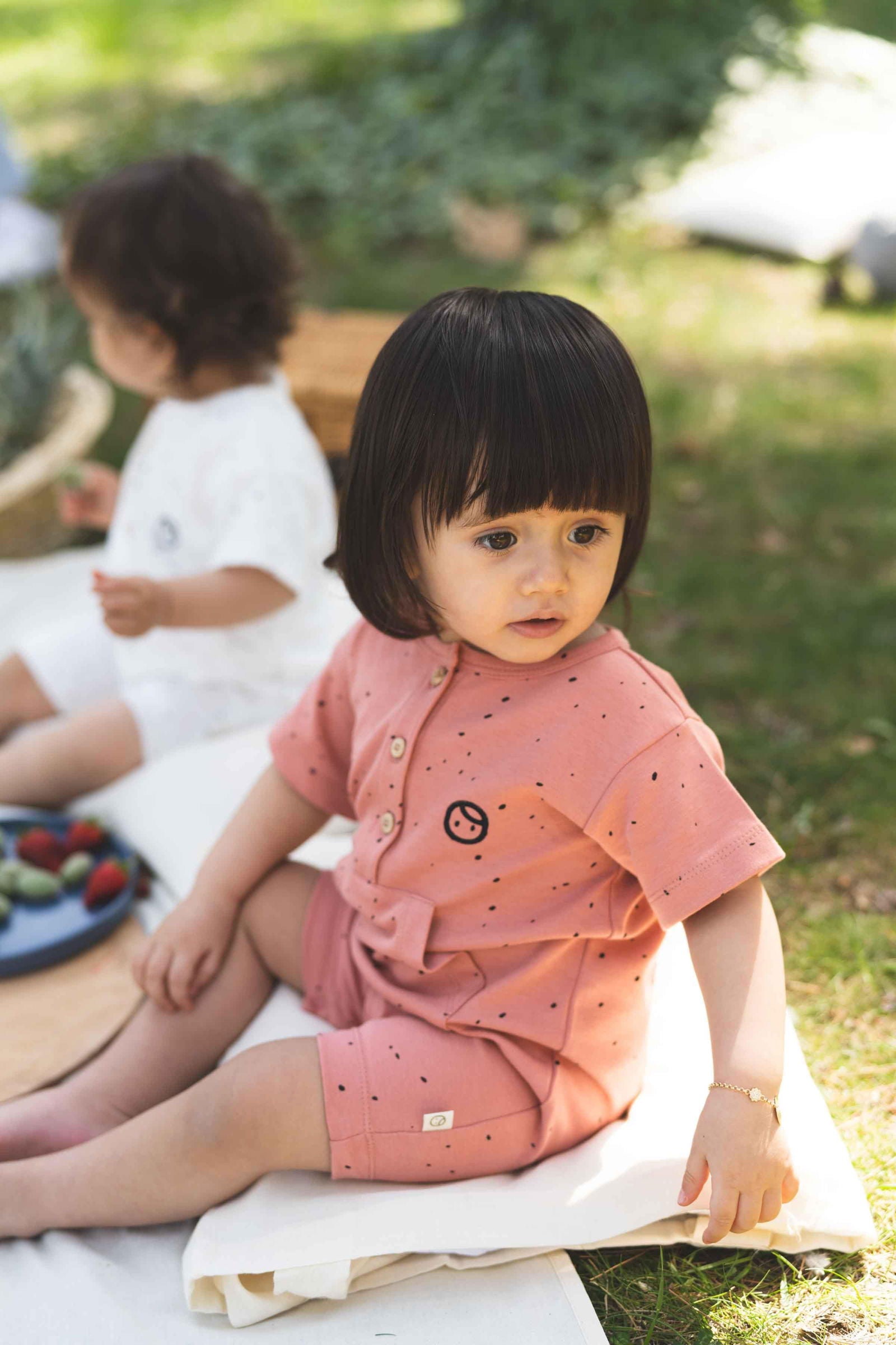Kısa Kollu Bebek Şort Tulum Pembe Dots Organik Pamuk - Little Gusto - Bebek Tulum ve Salopet