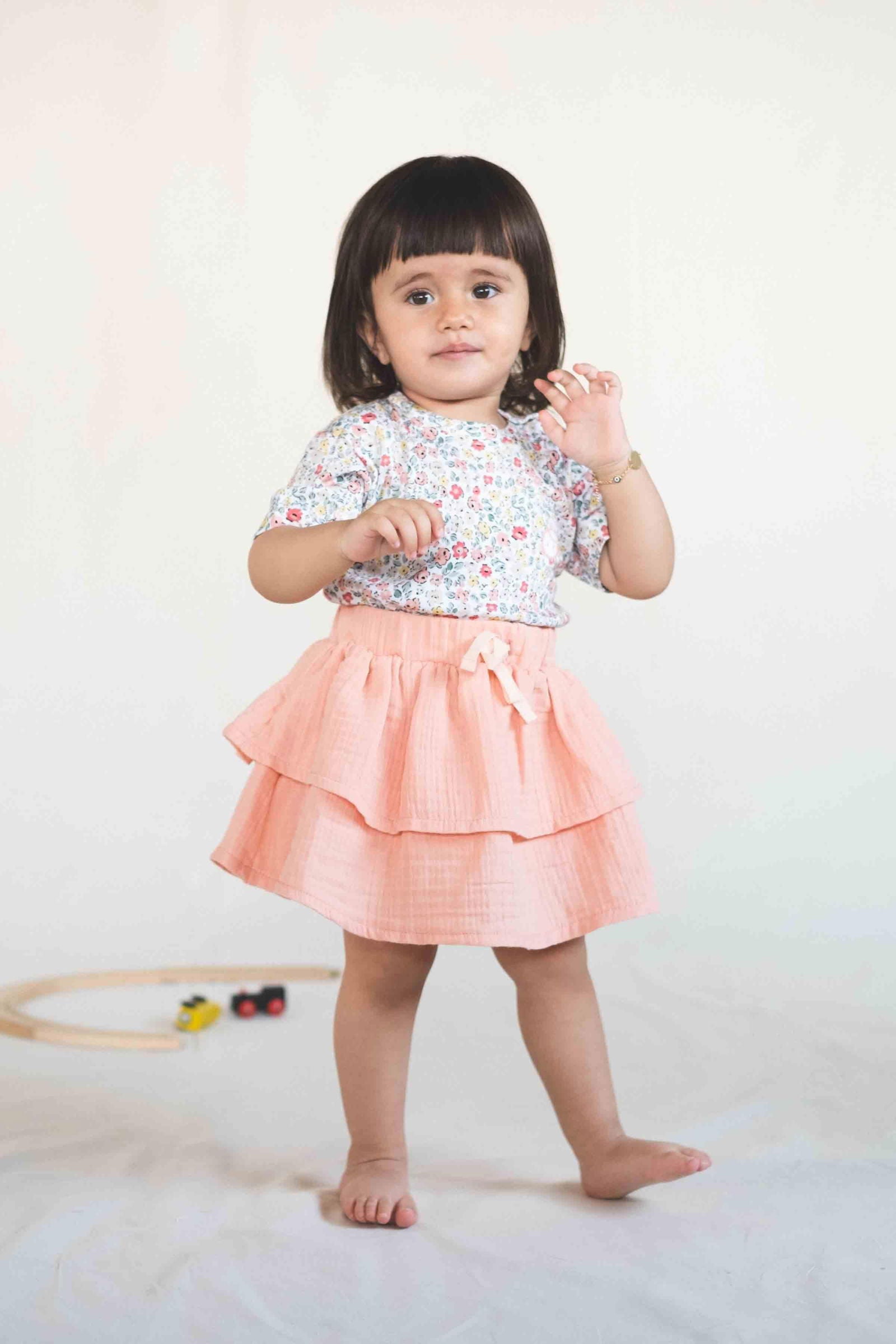 Müslin Katlı Çocuk Etek Pembe Organik Pamuk - Little Gusto - Çocuk Etek
