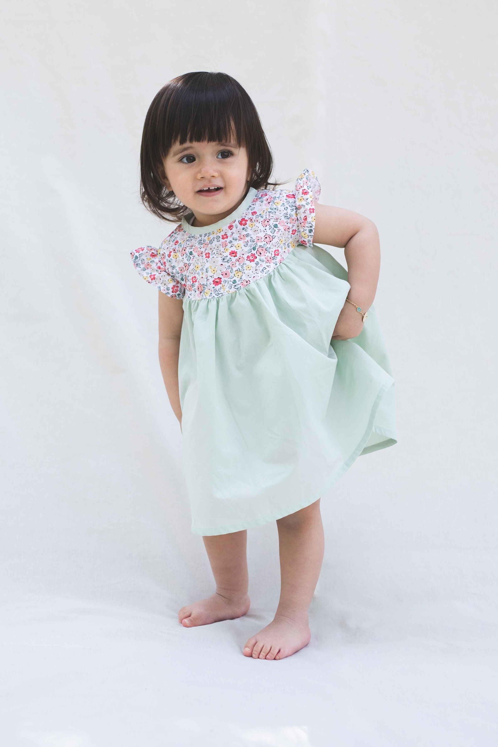 Organik Pamuk Fırfırlı Yeşil Bebek Elbisesi Çiçekli - Little Gusto - Bebek Elbise