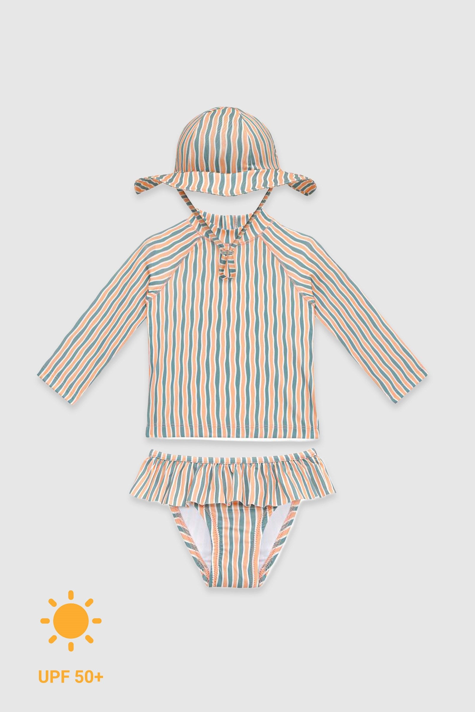 UV Korumalı Uzun Kollu Şapkalı Kız Bebek Mayo Seti Orange Oasis Mayo Sand Mother