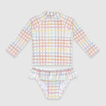 UV Korumalı Uzun Kollu Kız Bebek 2 Parça Mayo Seti Rainbow Gingham Mayo Sand Mother