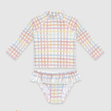 UV Korumalı Uzun Kollu Kız Bebek 2 Parça Mayo Seti Rainbow Gingham Mayo Sand Mother