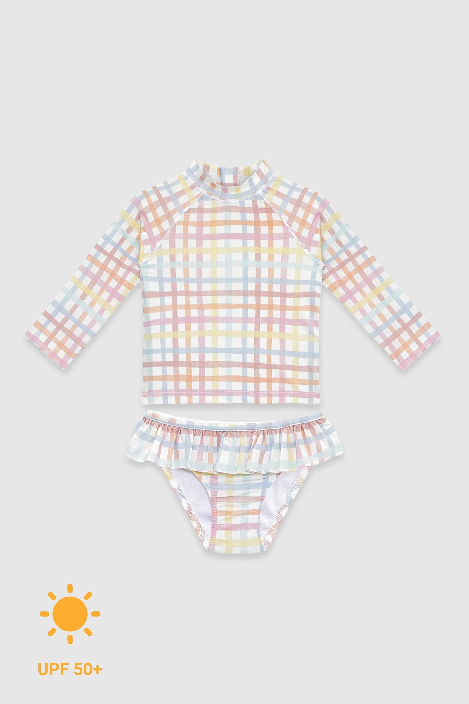 UV Korumalı Uzun Kollu Kız Bebek 2 Parça Mayo Seti Rainbow Gingham Mayo Sand Mother