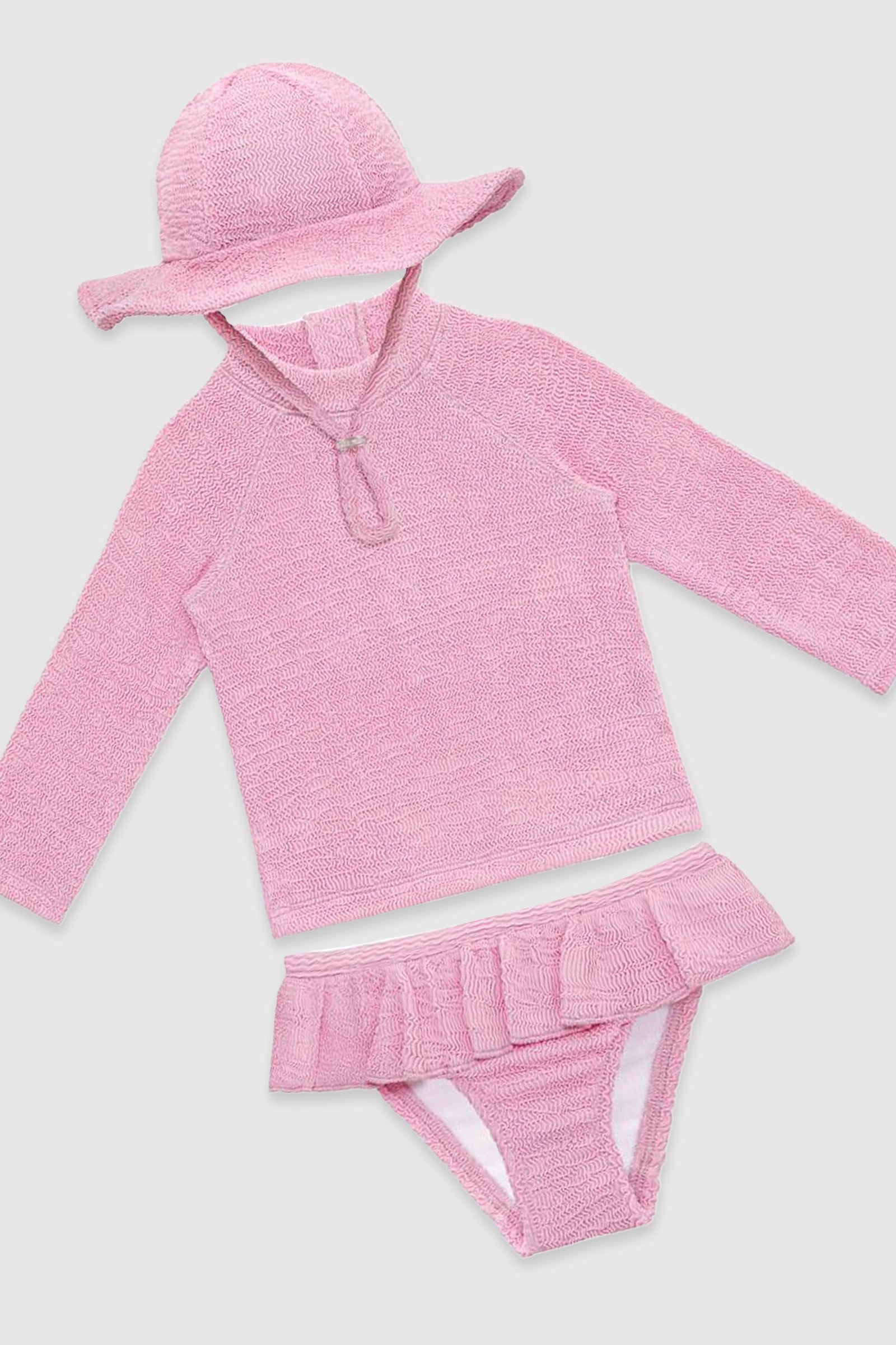 UV Korumalı Uzun Kollu Dokulu Şapkalı Kız Bebek Mayo Seti Pink Frosting Mayo Sand Mother