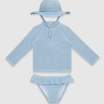UV Korumalı Uzun Kollu Dokulu Şapkalı Kız Bebek Mayo Seti Pure Blue Mayo Sand Mother