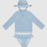 UV Korumalı Uzun Kollu Dokulu Şapkalı Kız Bebek Mayo Seti Pure Blue Mayo Sand Mother