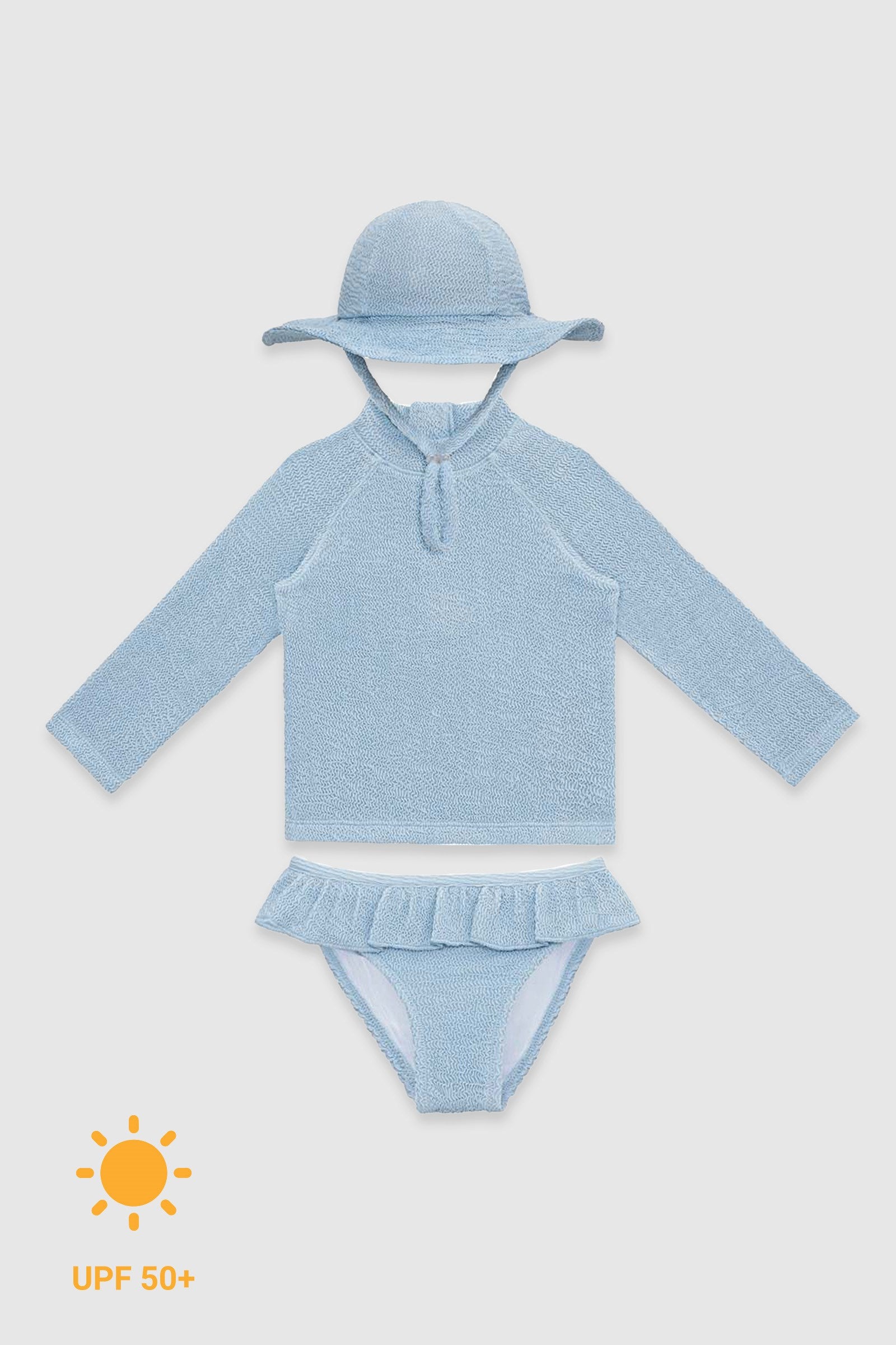 UV Korumalı Uzun Kollu Dokulu Şapkalı Kız Bebek Mayo Seti Pure Blue Mayo Sand Mother