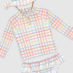 UV Korumalı Uzun Kollu Şapkalı Kız Bebek Mayo Seti Rainbow Gingham Mayo Sand Mother