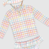 UV Korumalı Uzun Kollu Şapkalı Kız Bebek Mayo Seti Rainbow Gingham Mayo Sand Mother