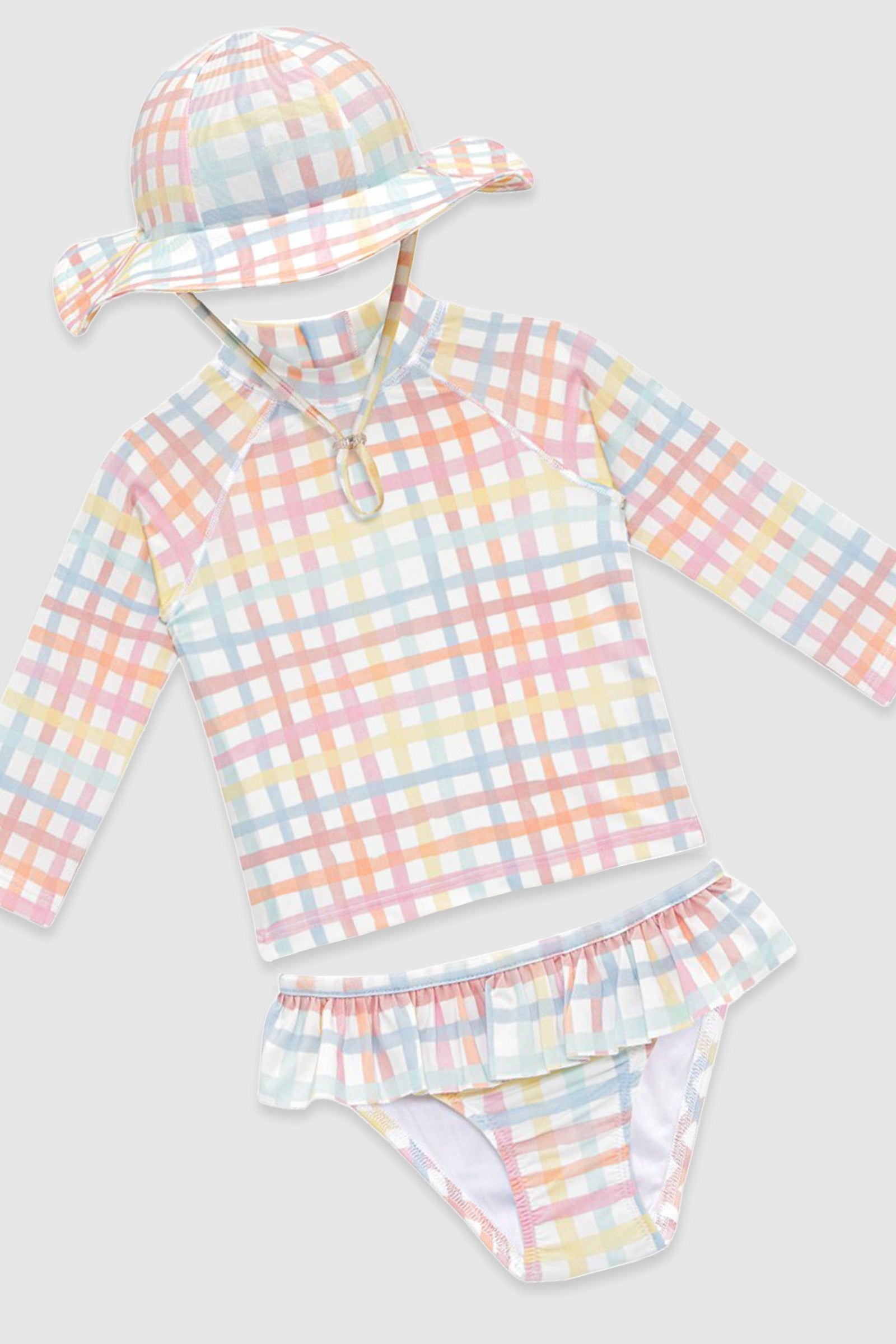 UV Korumalı Uzun Kollu Şapkalı Kız Bebek Mayo Seti Rainbow Gingham Mayo Sand Mother
