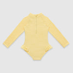 UV Korumalı Uzun Kollu Dokulu Tek Parça Kız Çocuk Mayo Butter Yellow Sand Mother