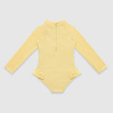 UV Korumalı Uzun Kollu Dokulu Tek Parça Kız Çocuk Mayo Butter Yellow Sand Mother