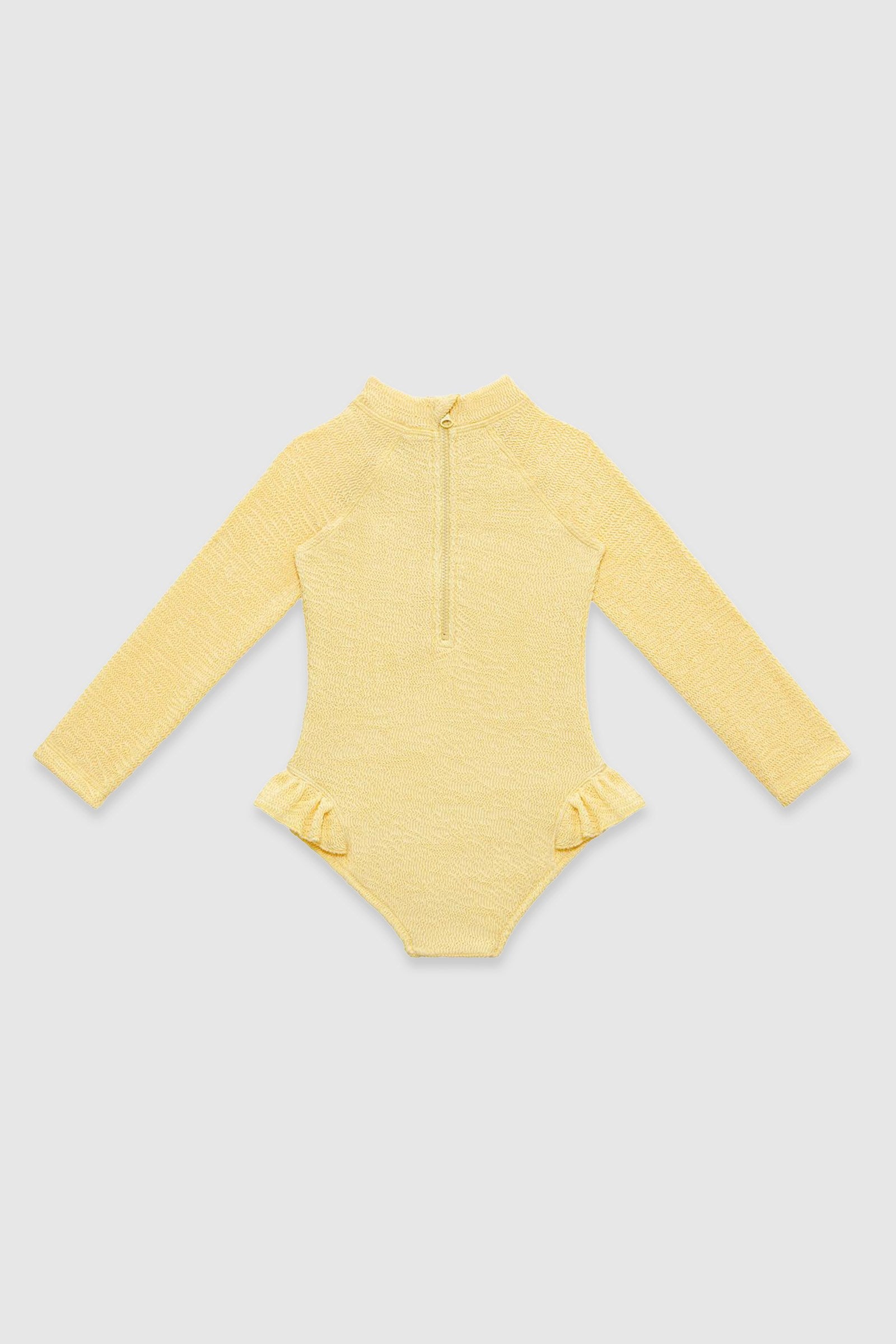 UV Korumalı Uzun Kollu Dokulu Tek Parça Kız Çocuk Mayo Butter Yellow Sand Mother