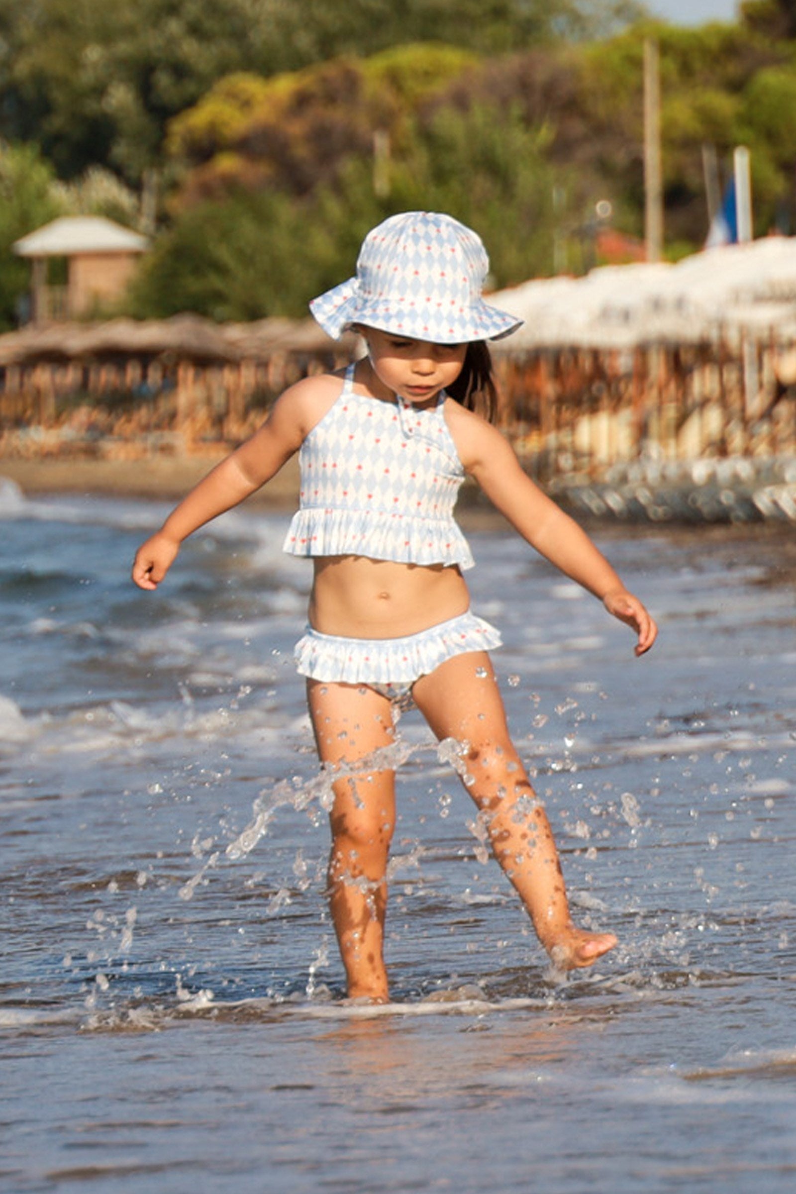 UV Korumalı Uzun Kollu Şapkalı Kız Bebek Mayo Seti Diamonds Mayo Sand Mother