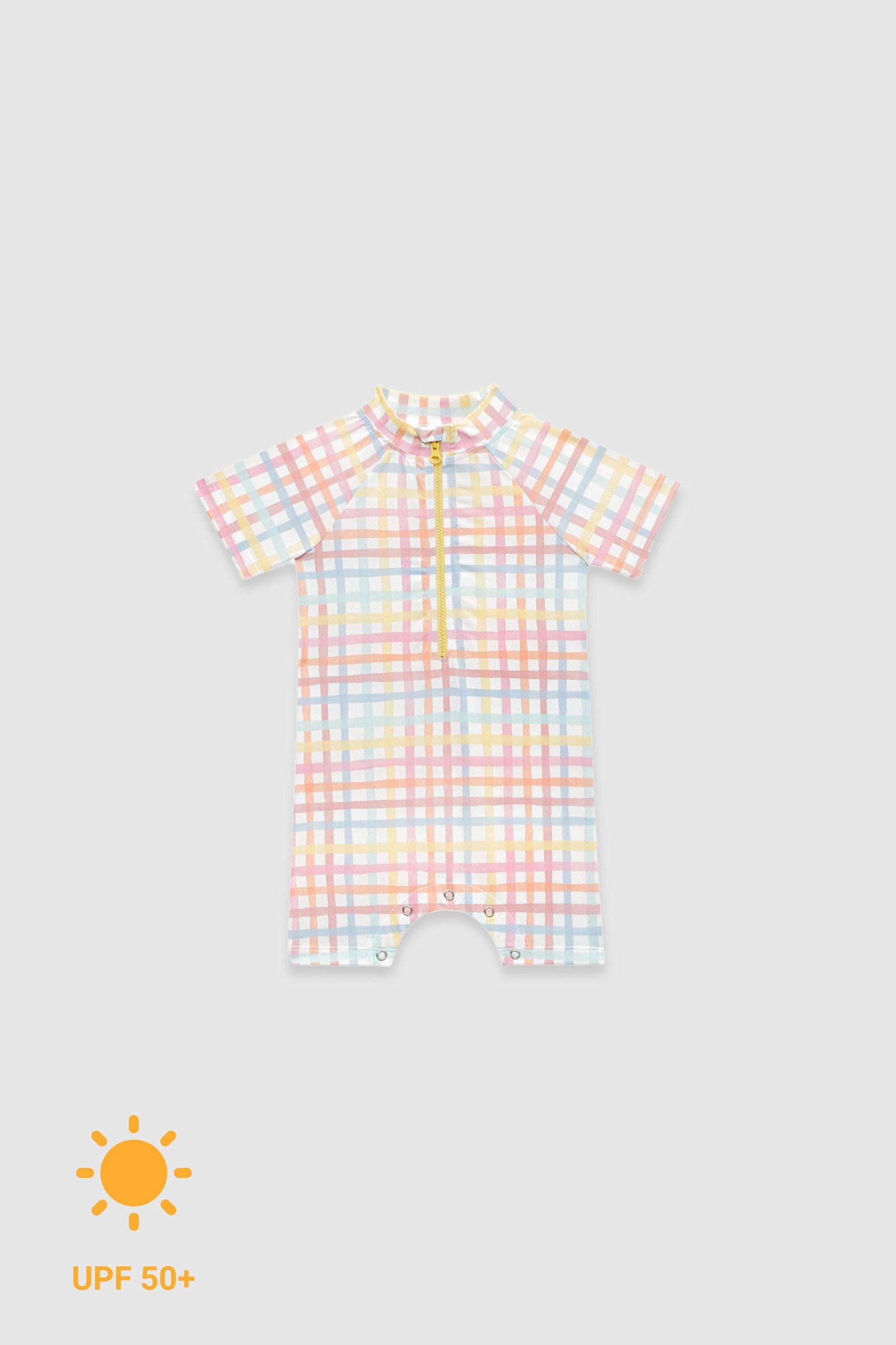 UV Korumalı Bebek Tek Parça Alttan Çıtçıtlı Ön Fermuarlı Mayo Rainbow Gingham Mayo Sand Mother