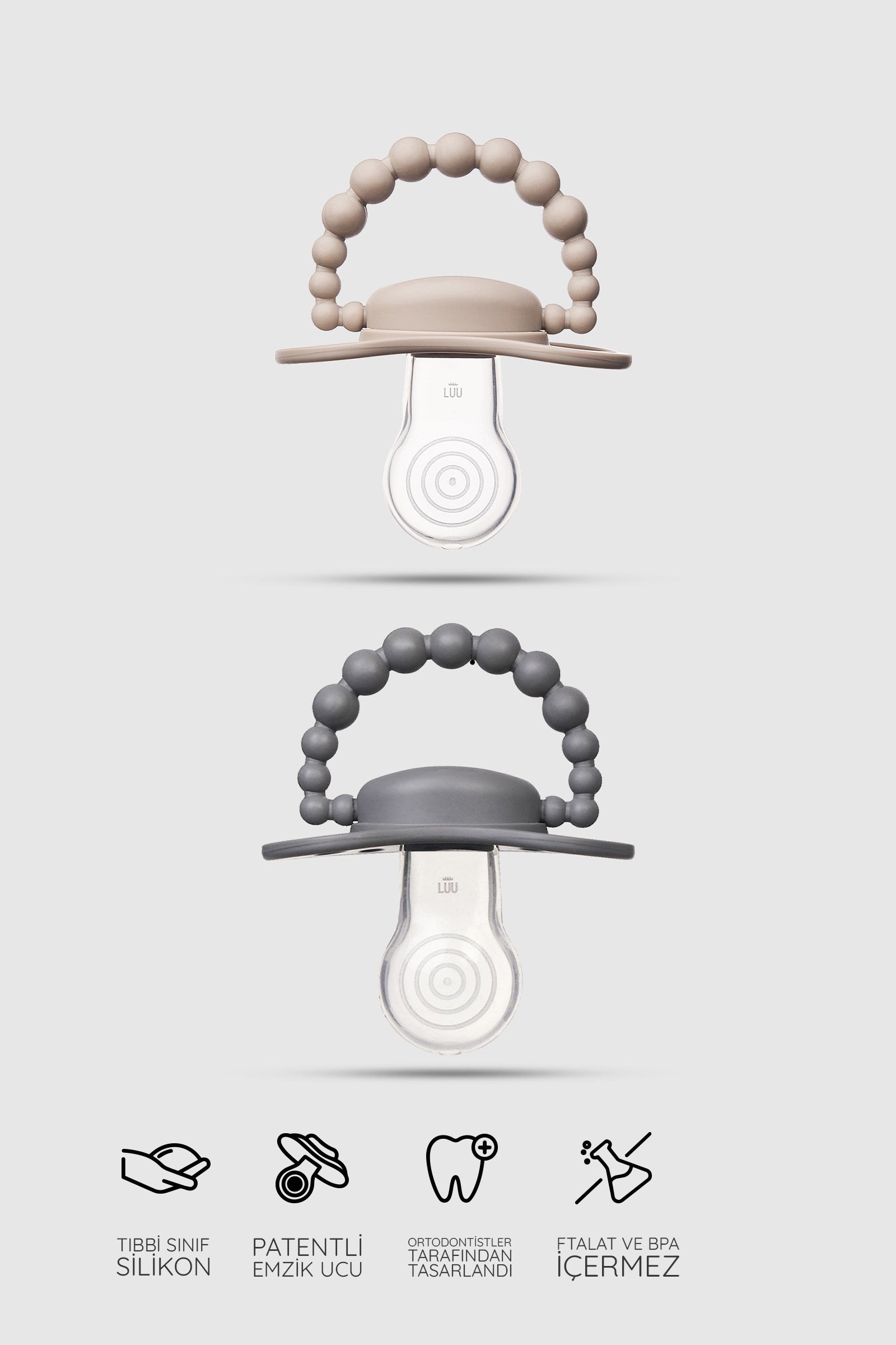 LUU Kids Positioning Ortodontik Medikal Silikon Emzik 2'li Set –  Sand Storm & Lovely Gray