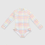 UV Korumalı Uzun Kollu Tek Parça Kız Çocuk Mayo Rainbow Gingham Mayo Sand Mother