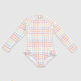 UV Korumalı Uzun Kollu Tek Parça Kız Çocuk Mayo Rainbow Gingham Mayo Sand Mother