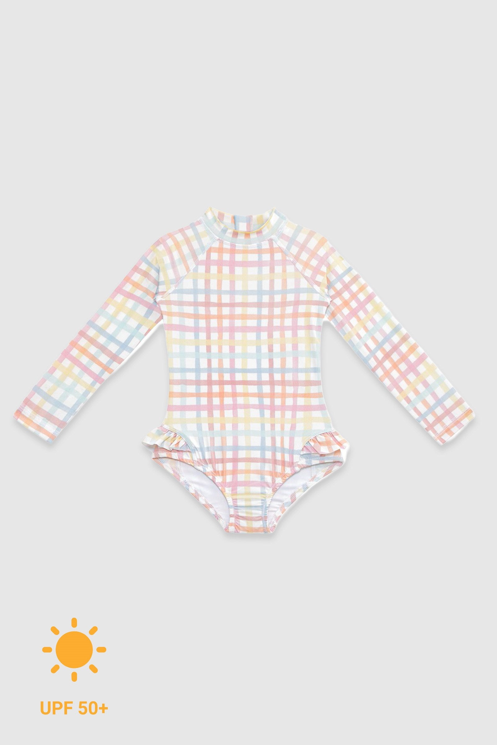 UV Korumalı Uzun Kollu Tek Parça Kız Çocuk Mayo Rainbow Gingham Mayo Sand Mother