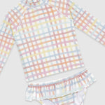 UV Korumalı Uzun Kollu Kız Bebek 2 Parça Mayo Seti Rainbow Gingham Mayo Sand Mother