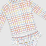 UV Korumalı Uzun Kollu Kız Bebek 2 Parça Mayo Seti Rainbow Gingham Mayo Sand Mother