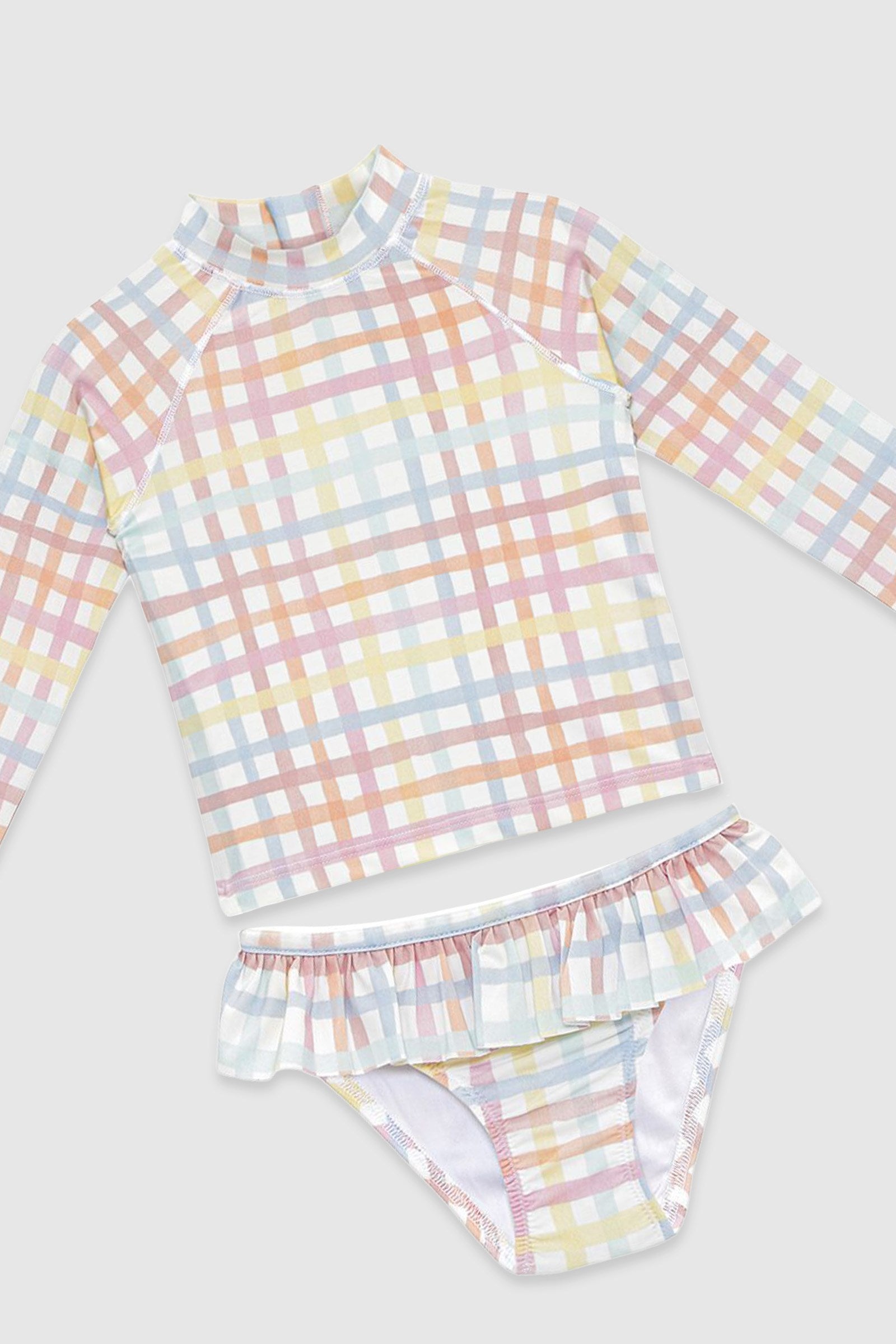 UV Korumalı Uzun Kollu Kız Bebek 2 Parça Mayo Seti Rainbow Gingham Mayo Sand Mother