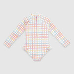 UV Korumalı Uzun Kollu Tek Parça Kız Çocuk Mayo Rainbow Gingham Mayo Sand Mother