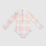 UV Korumalı Uzun Kollu Tek Parça Kız Çocuk Mayo Rainbow Gingham Mayo Sand Mother