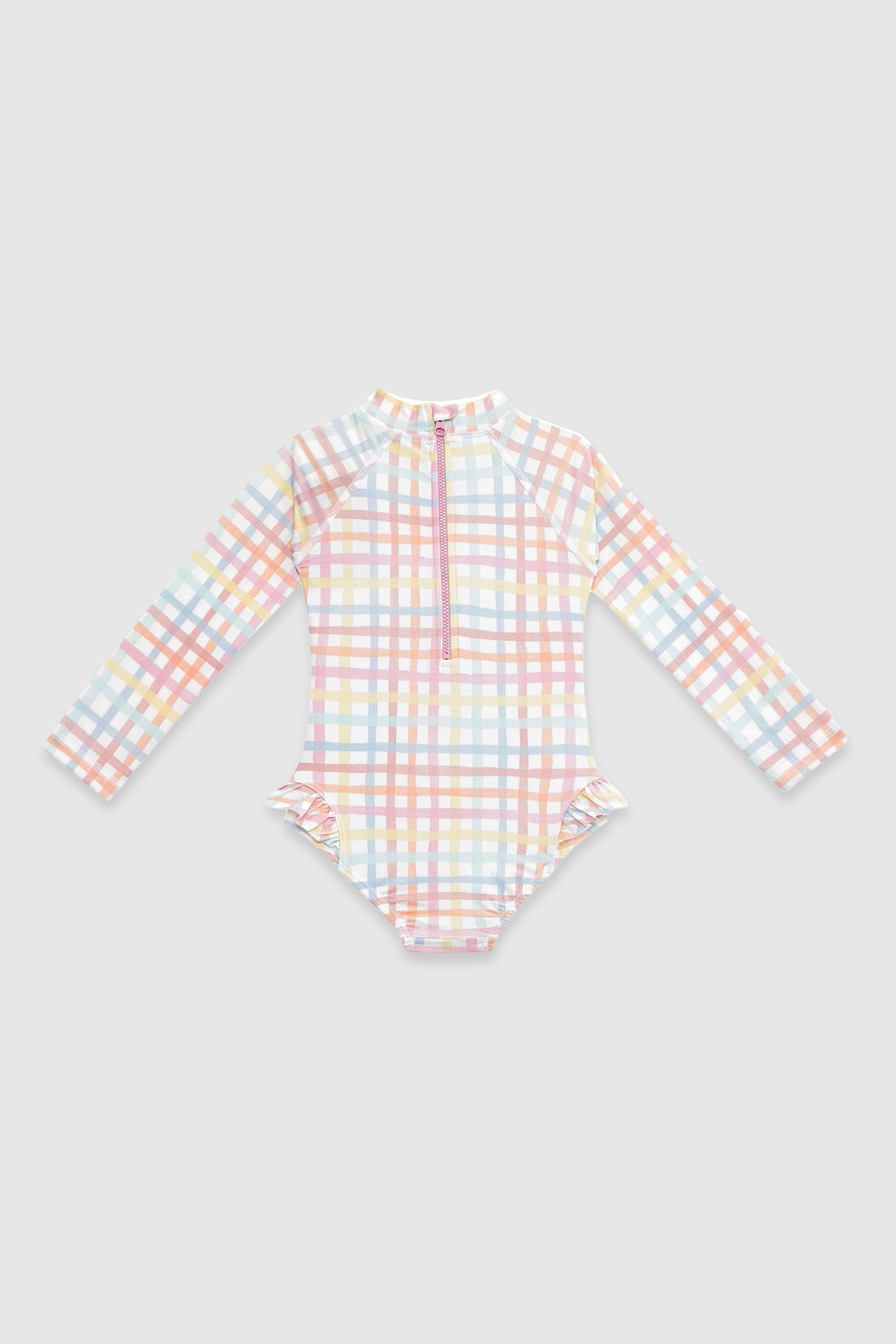 UV Korumalı Uzun Kollu Tek Parça Kız Çocuk Mayo Rainbow Gingham Mayo Sand Mother