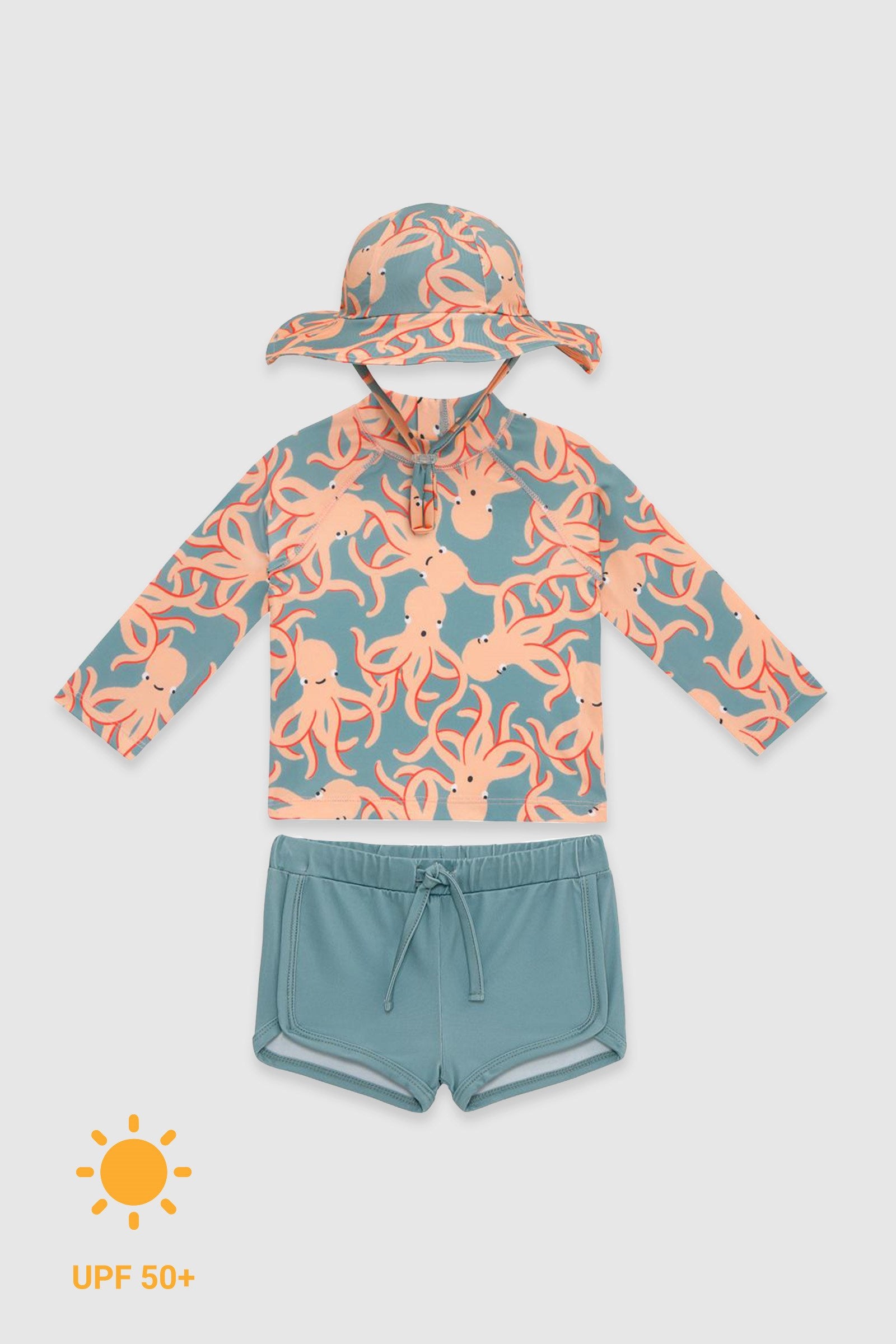 UV Korumalı Uzun Kollu Şapkalı Erkek Bebek Mayo Seti Octopus Mayo Sand Mother