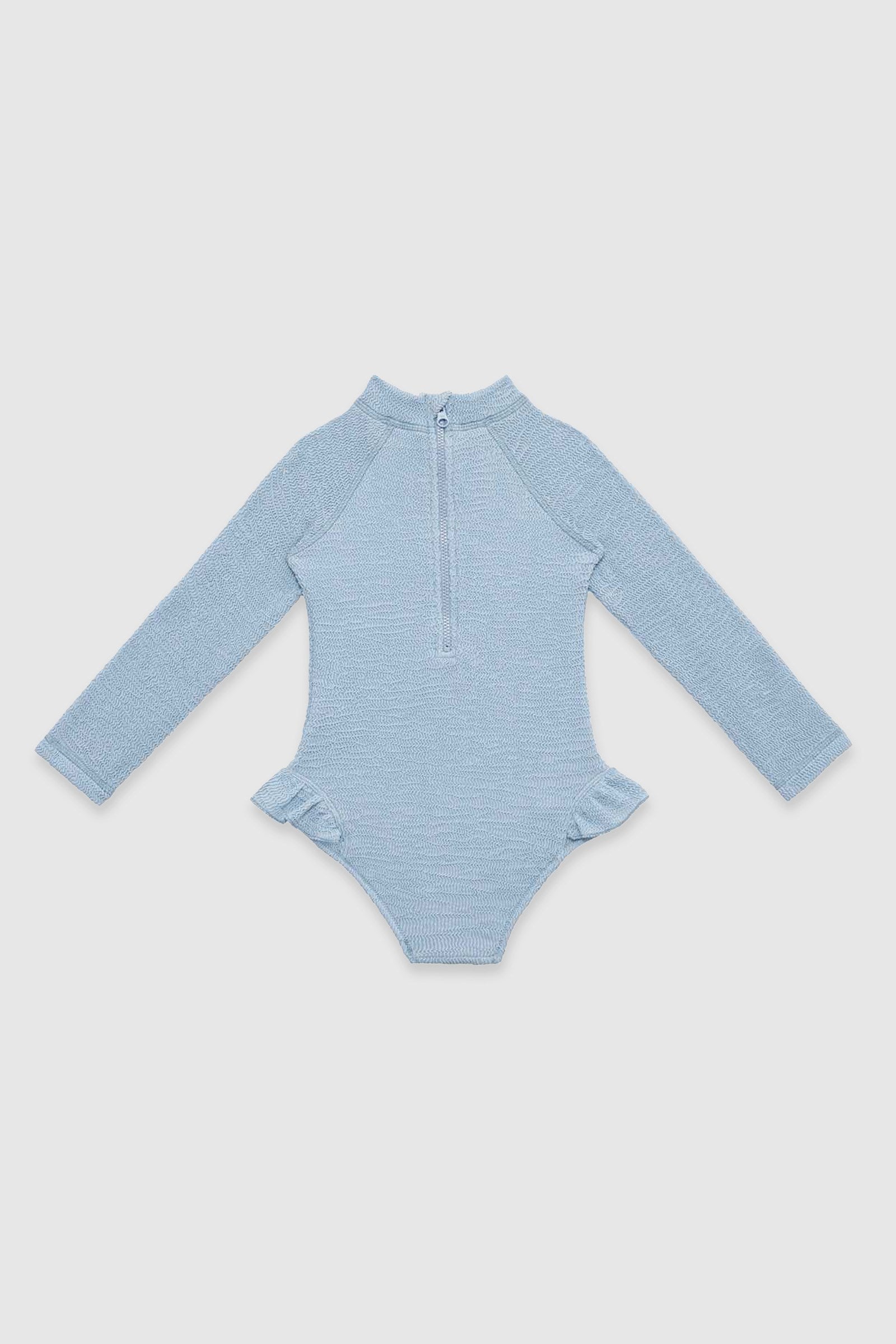 UV Korumalı Uzun Kollu Dokulu Tek Parça Kız Çocuk Mayo Pure Blue Sand Mother