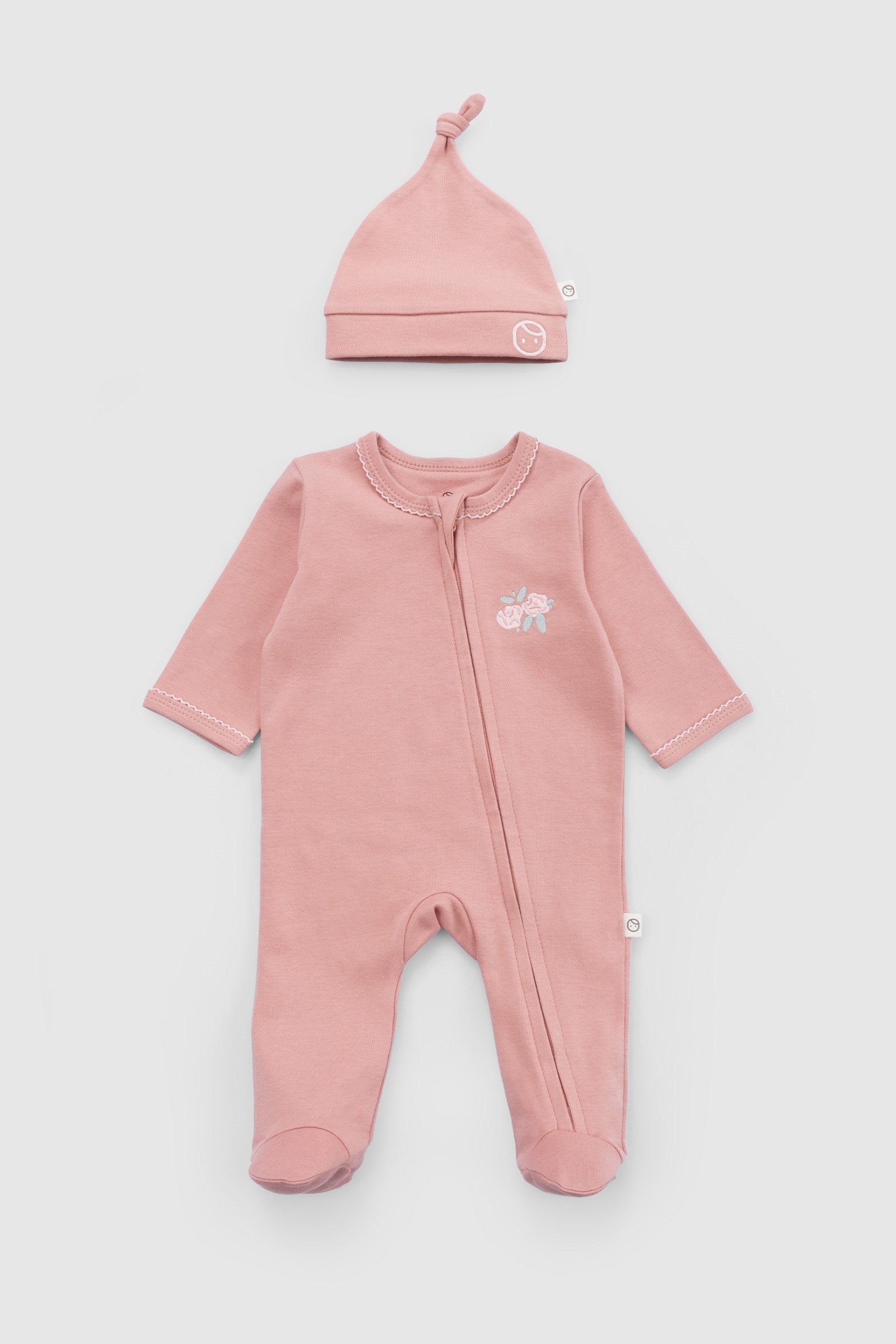Organik Pamuk Pembe Fermuarlı Bebek Tulum Seti Little Gusto