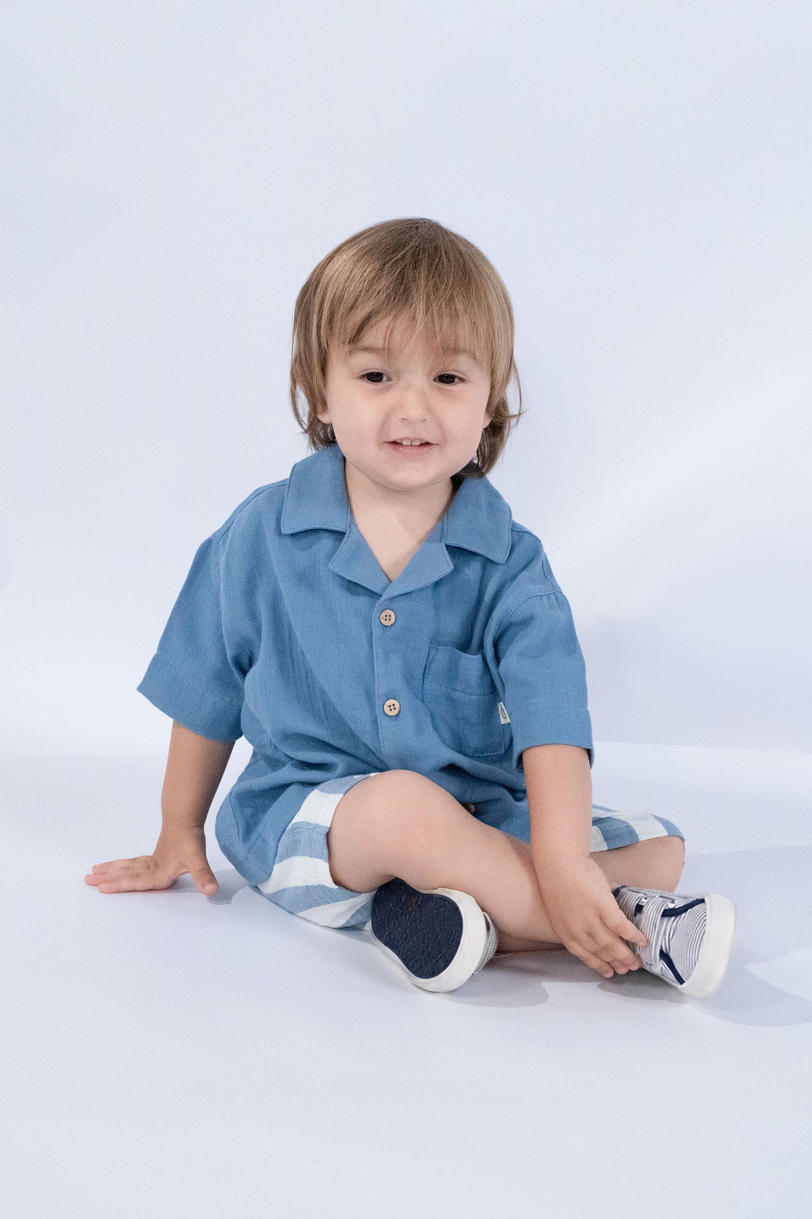 Organik Pamuk Müslin Gömlek Şort Seti Bebek Takımı Mavi Takım Little Gusto