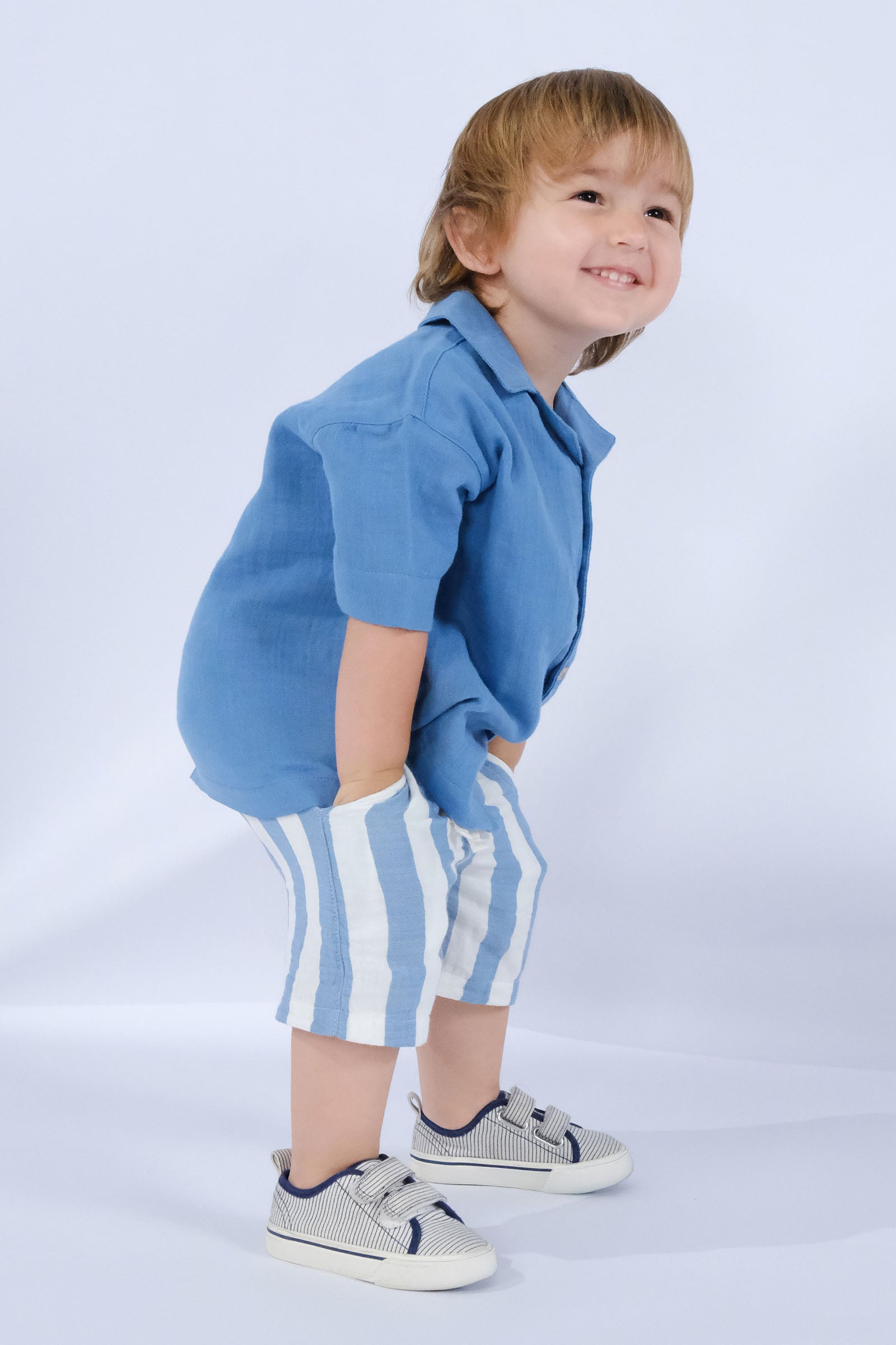 Organik Pamuk Müslin Gömlek Şort Seti Bebek Takımı Mavi Takım Little Gusto