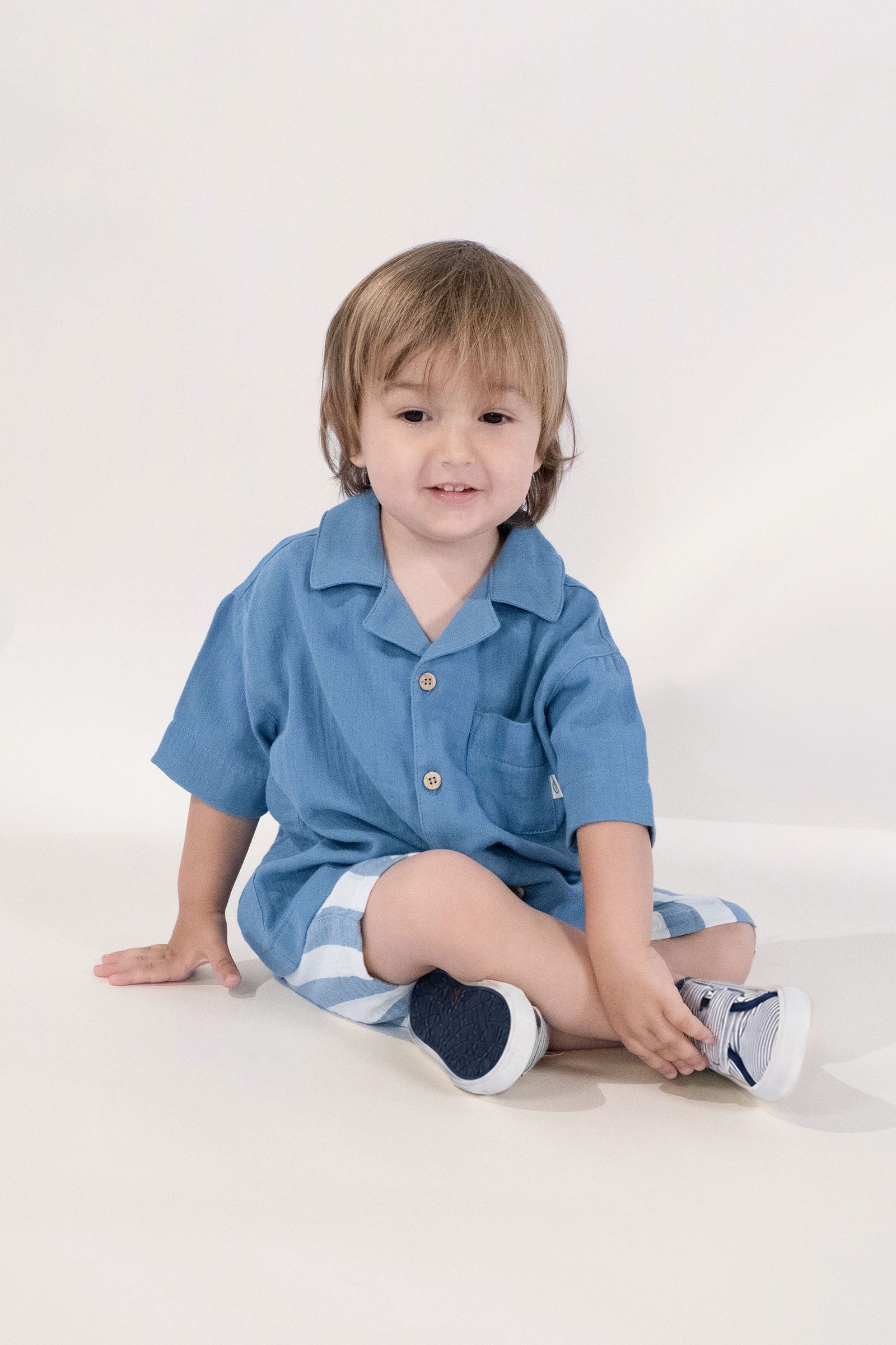 Organik Pamuk Müslin Gömlek Şort Seti Bebek Takımı Mavi Takım Little Gusto