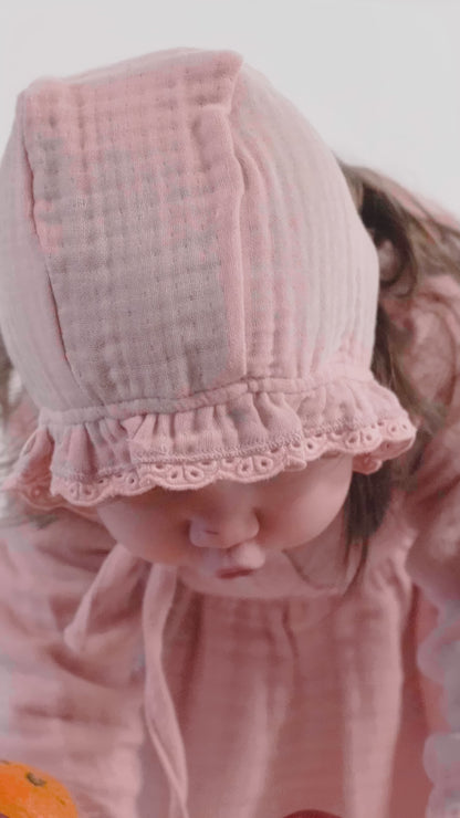 Brodeli Organik Pamuk Müslin Büzgülü Bebek Elbisesi Pembe