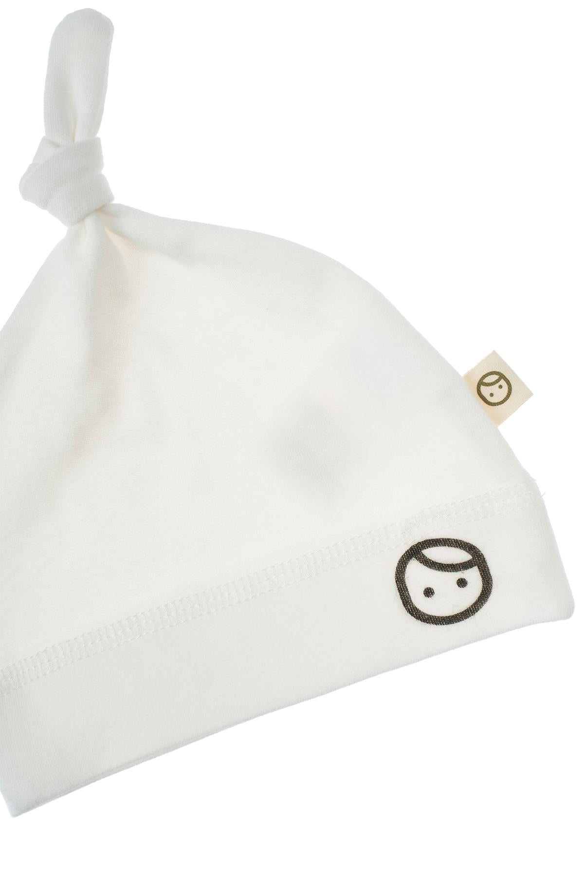 Düğümlü Yenidoğan Şapka Beyaz Organik Pamuk